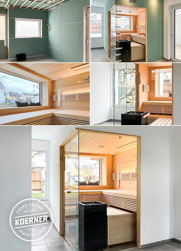 Sauna mit Über-Eck-Verglasung und Fenster im Wellnessbereich