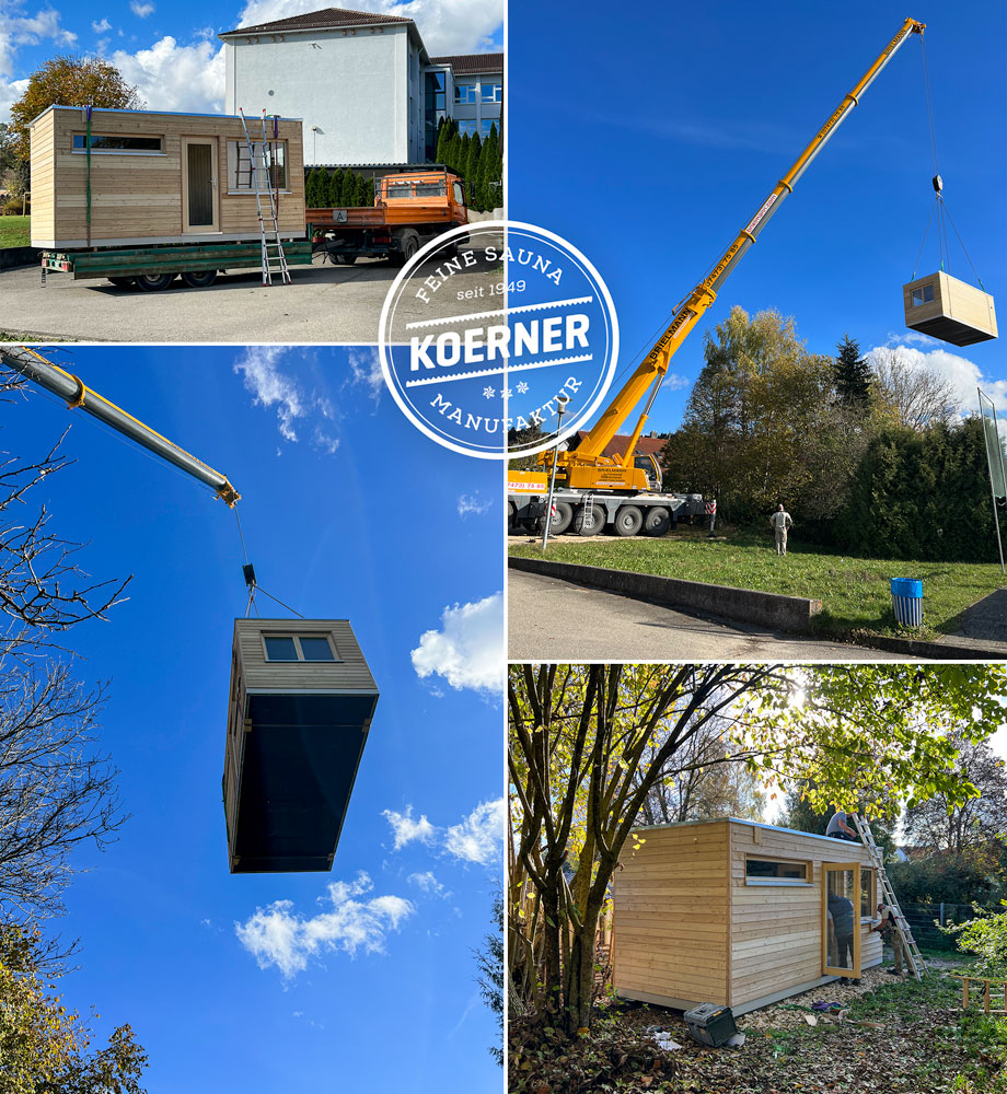 Gartensauna wir beim Kunden in Gammertingen per Kran an in den Garten geliefert