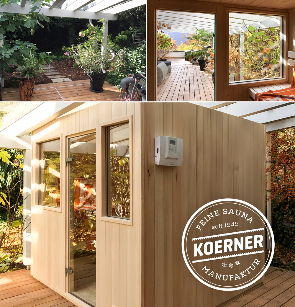 KOERNER Sauna mit Outdoor-Paket auf Terasse