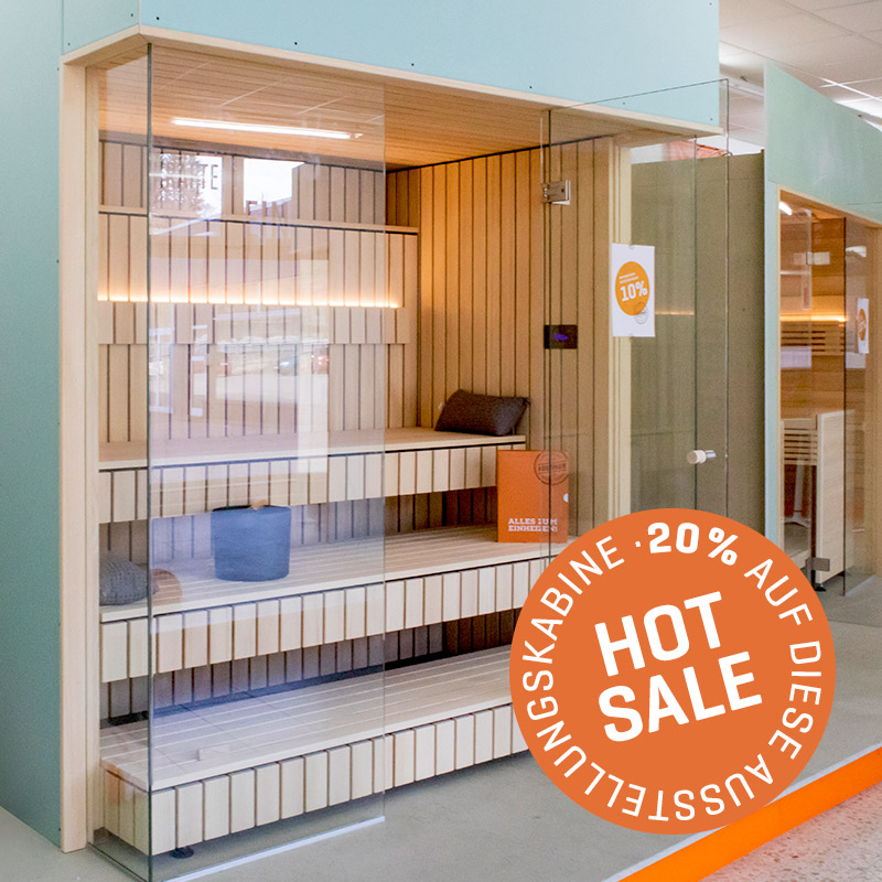 Designsauna mit Glasfront über zwei Ecken im Sale