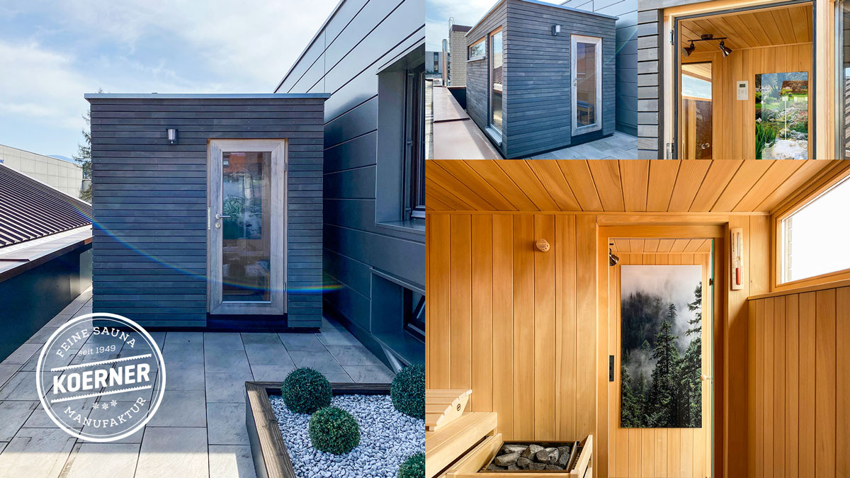 Moderne Outdoor-Sauna auf der Dachterrasse