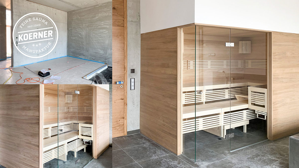 Sauna mit Glasfront und Verkleidung aus Eiche