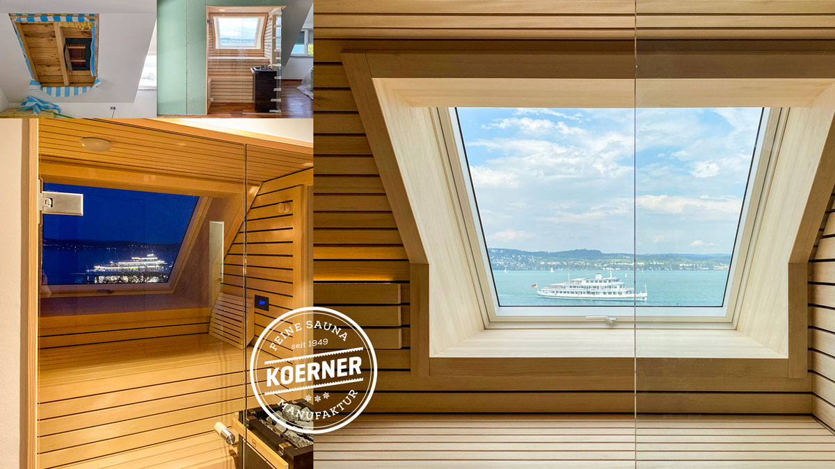 Design-Sauna mit Glasfront und Dachfenster mit Blick auf den See