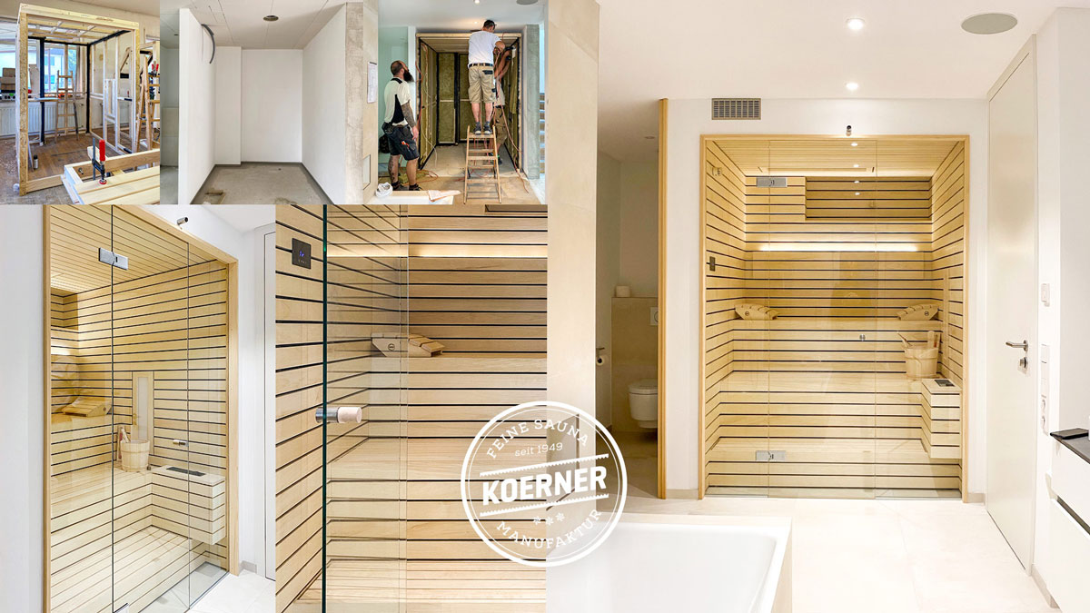 Design-Sauna mit Glasfront aus Weißtanne im modernen und hellen Badezimmer