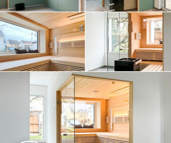 Sauna mit Über-Eck-Verglasung und Fenster im Wellnessbereich