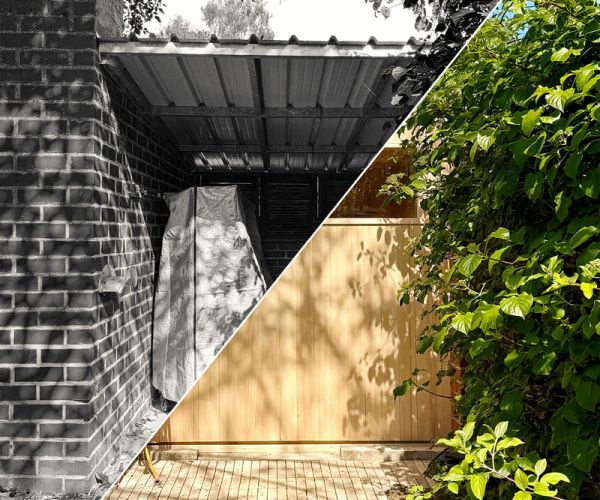 KOERNER Outdoor-Sauna unter Pergola im Garten